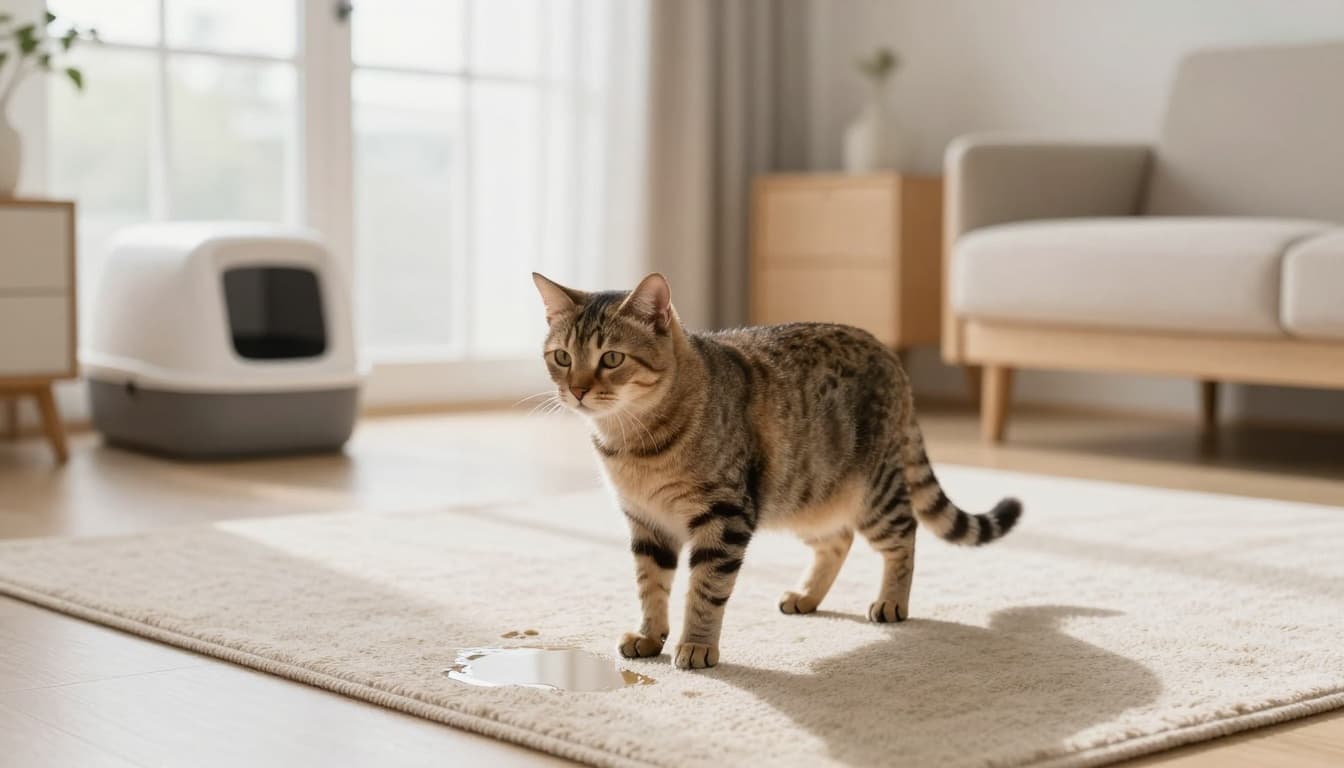 A concerned adult cat stands hesitantly near a small puddle on a beige rug in a bright, minimalist Scandinavian living room with neutral tones, natural light, and a subtle modern litter box in the corner.