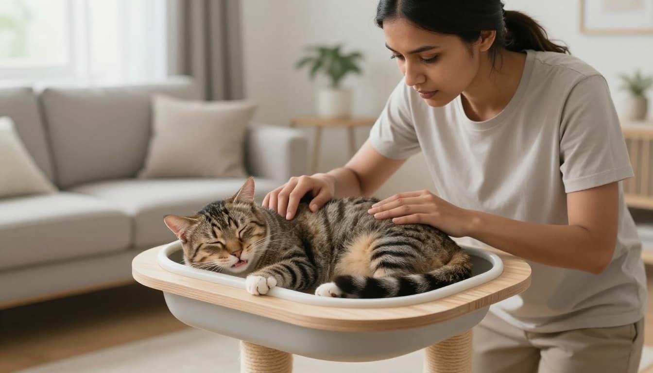 A concerned pet owner gently checks on an adult cat sleeping excessively in a litter box on a premium solid wood cat tree platform in a bright minimalist Scandinavian living room. The cat appears lethargic with pale gums, highlighting potential health symptoms in a cozy, naturally lit space.