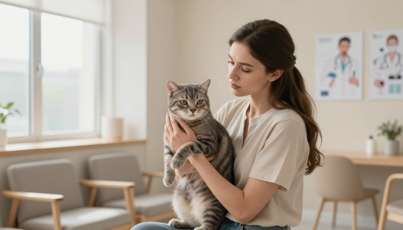 A concerned cat owner holds their calm gray tabby cat in a bright veterinary clinic waiting room featuring Scandinavian minimalist decor, natural light, and serene atmosphere.