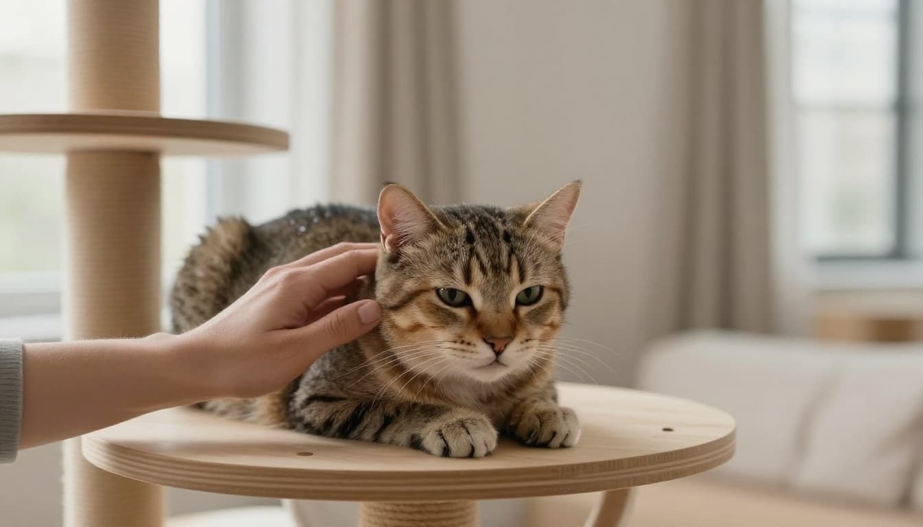 A concerned owner gently pets a cat showing nasal and slight eye discharge while resting on a premium wooden cat tree in a sunny minimalist Scandinavian interior.