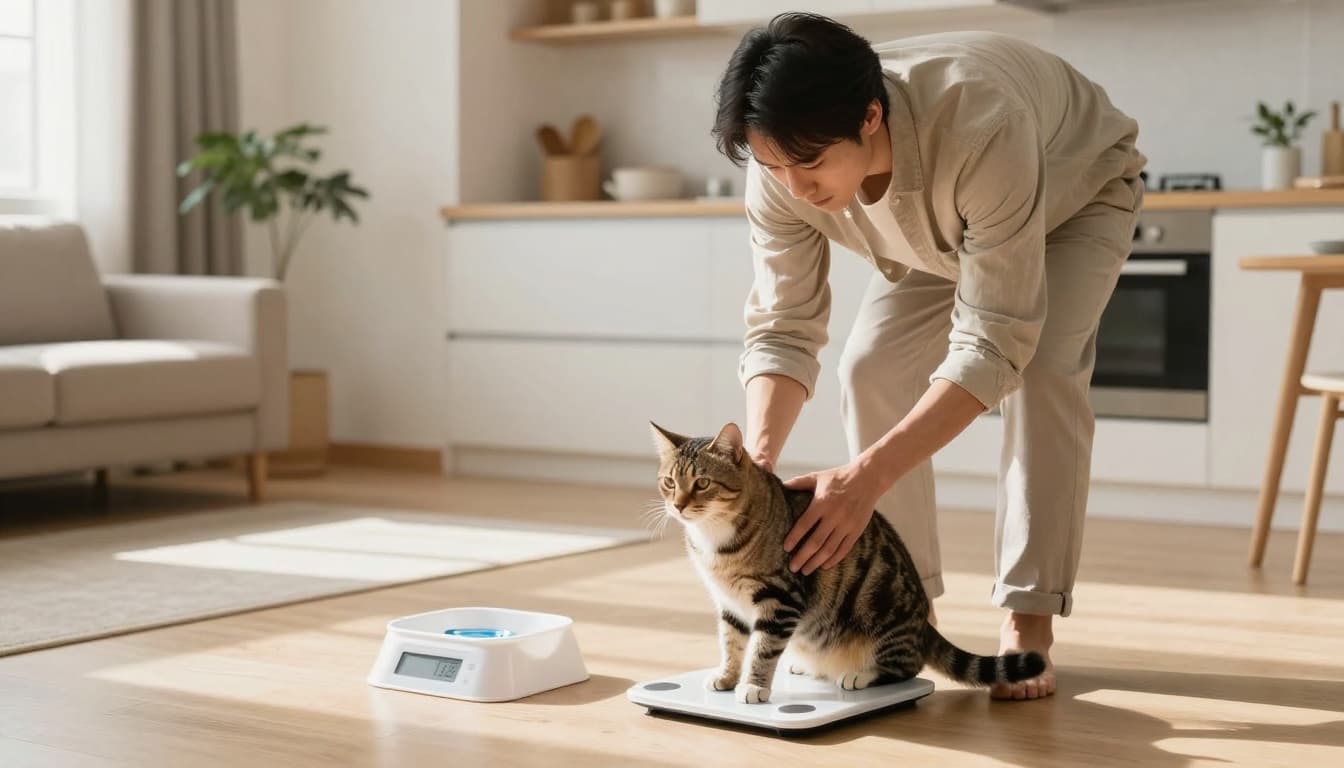 A concerned owner gently weighs a thin tabby cat on a kitchen scale next to empty food bowl and water dish in a bright modern Scandinavian living room-kitchen.