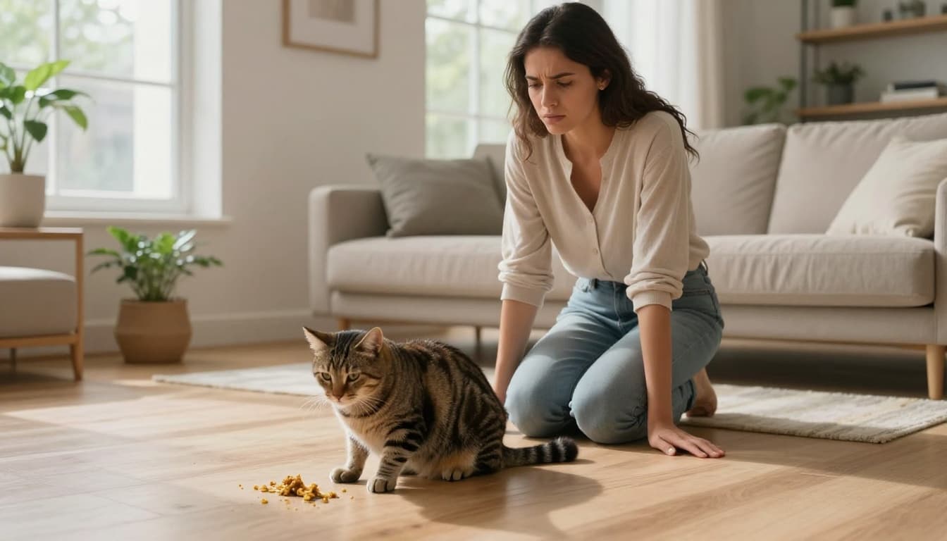 A concerned young woman kneels beside her lethargic tabby cat near a pile of yellowish vomit on the light oak floor of a bright modern Scandinavian living room.