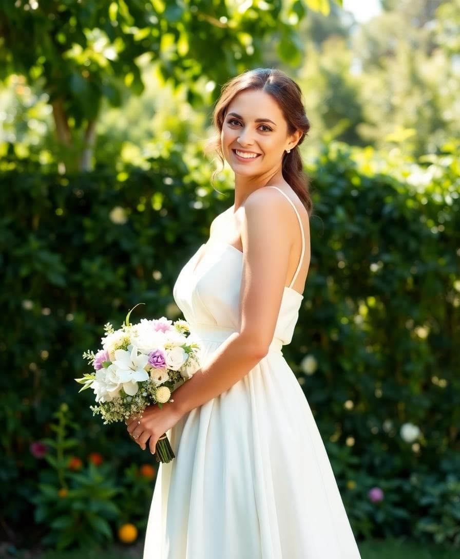 Mariée en coupe trapèze, buste ajusté et évasement progressif, style bohème dans un jardin ensoleillé
