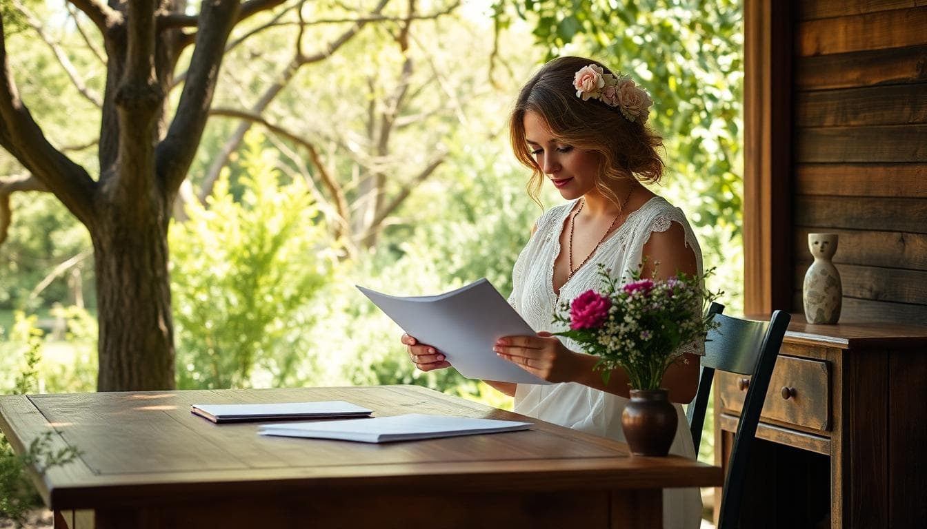 Mariée bohème confiante lisant un document légal dans un jardin champêtre, lumière douce et ambiance sereine