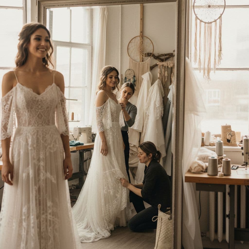 Mariée bohème confiante lors des retouches, couturière ajustant l’ourlet et les bretelles, lumière douce d’atelier, robe fluide en dentelle ivoire
