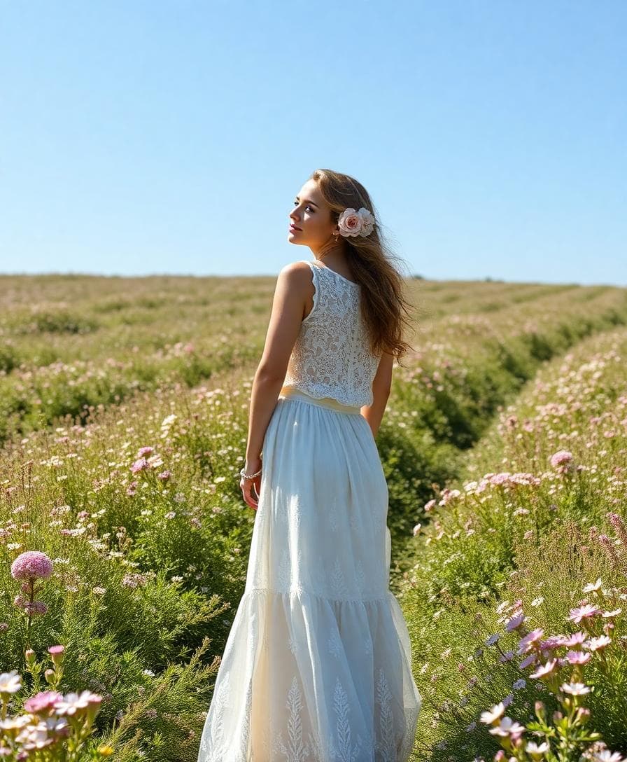 Mariée bohème en ensemble deux pièces, top dentelle et jupe ajustable, dans un champ de fleurs sauvages