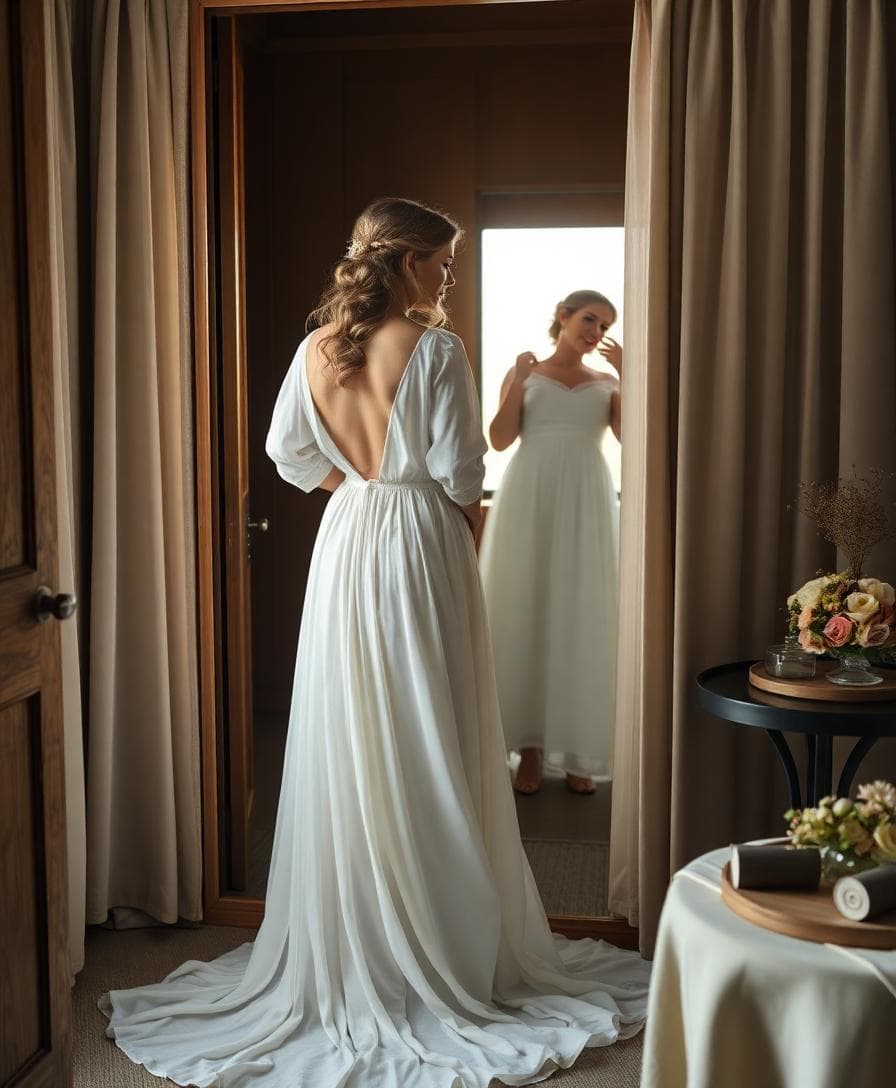 Mariée aux hanches larges qui essaie une robe bohème fluide devant un miroir, lumière du jour, ambiance douce et confiante