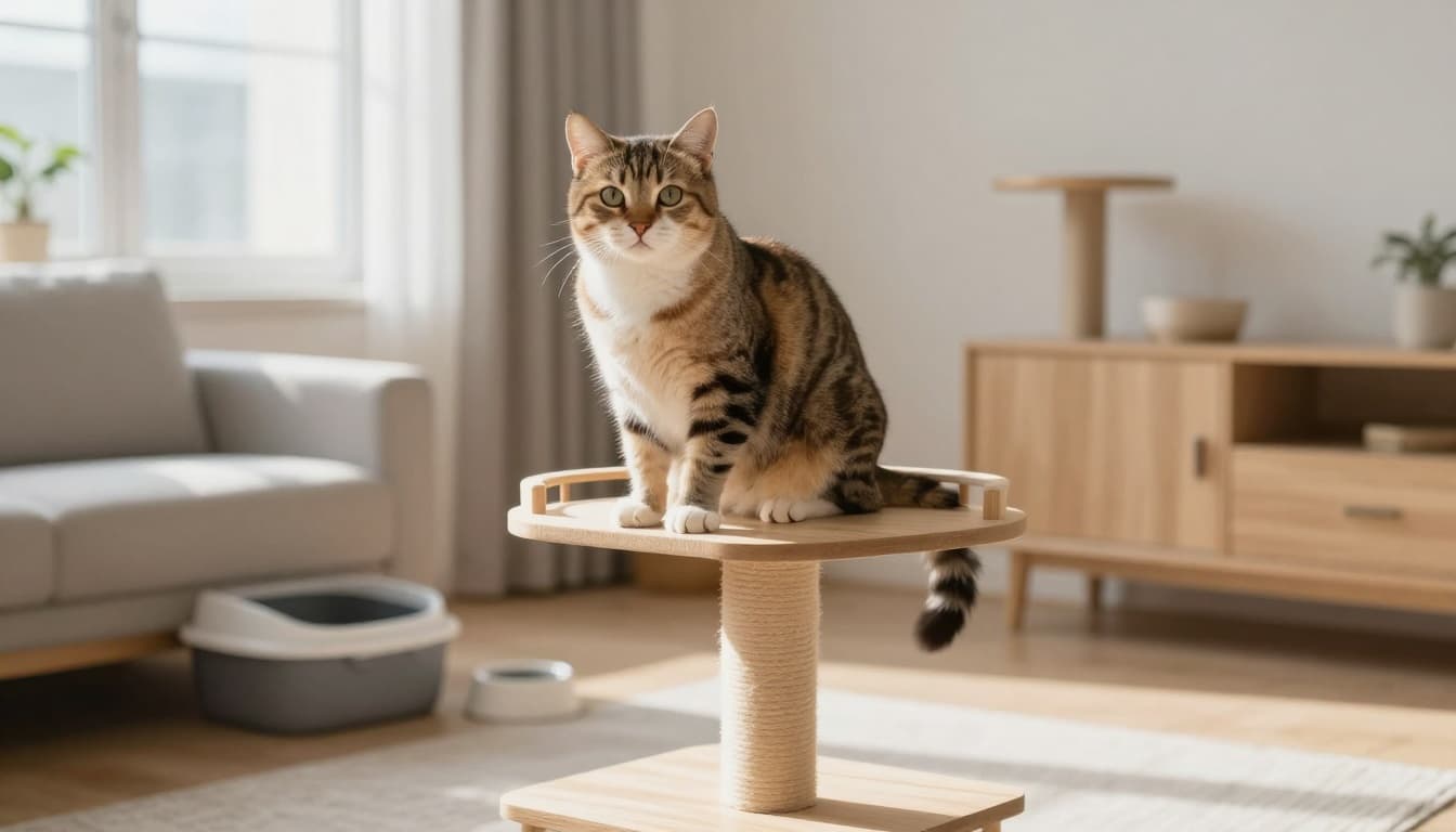 A confident cat safely perched on a high stable wooden platform of a minimalist cat tree, observing a bright Scandinavian living room below with calm assurance. Cozy interior features natural light, neutral tones, light wood furniture, and nearby litter box and water bowl for security.