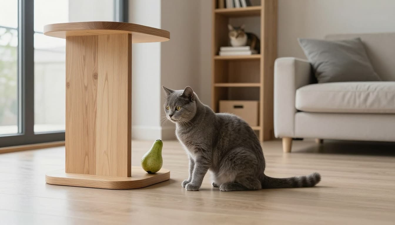 A confident gray cat calmly sniffs a green cucumber on the floor near a stylish wooden cat tree in a modern Scandinavian living room bathed in natural light with minimalist decor. In the background, another cautious cat observes from a high shelf, creating a cozy and relaxed atmosphere.