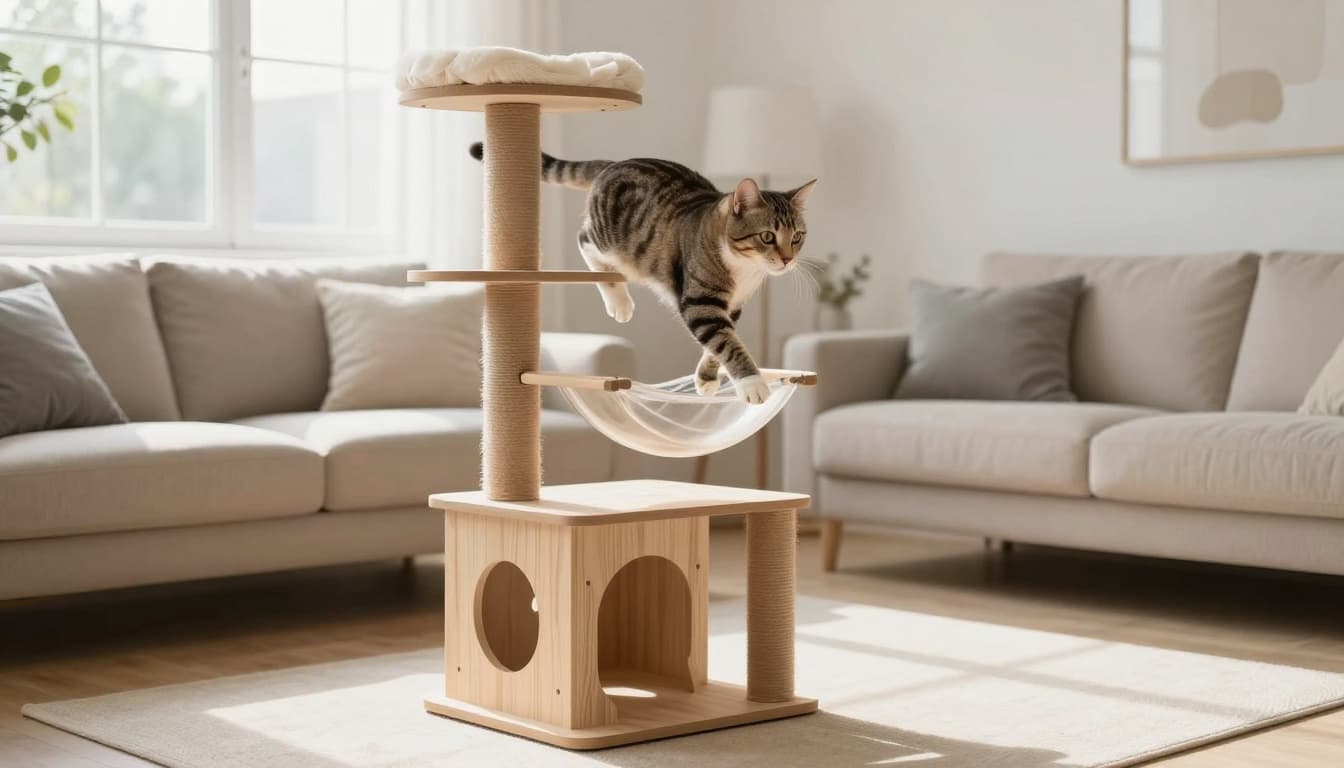 A confident young adult tabby cat jumps and climbs between platforms on a premium solid wood cat tree with hammocks in a bright modern Scandinavian living room.