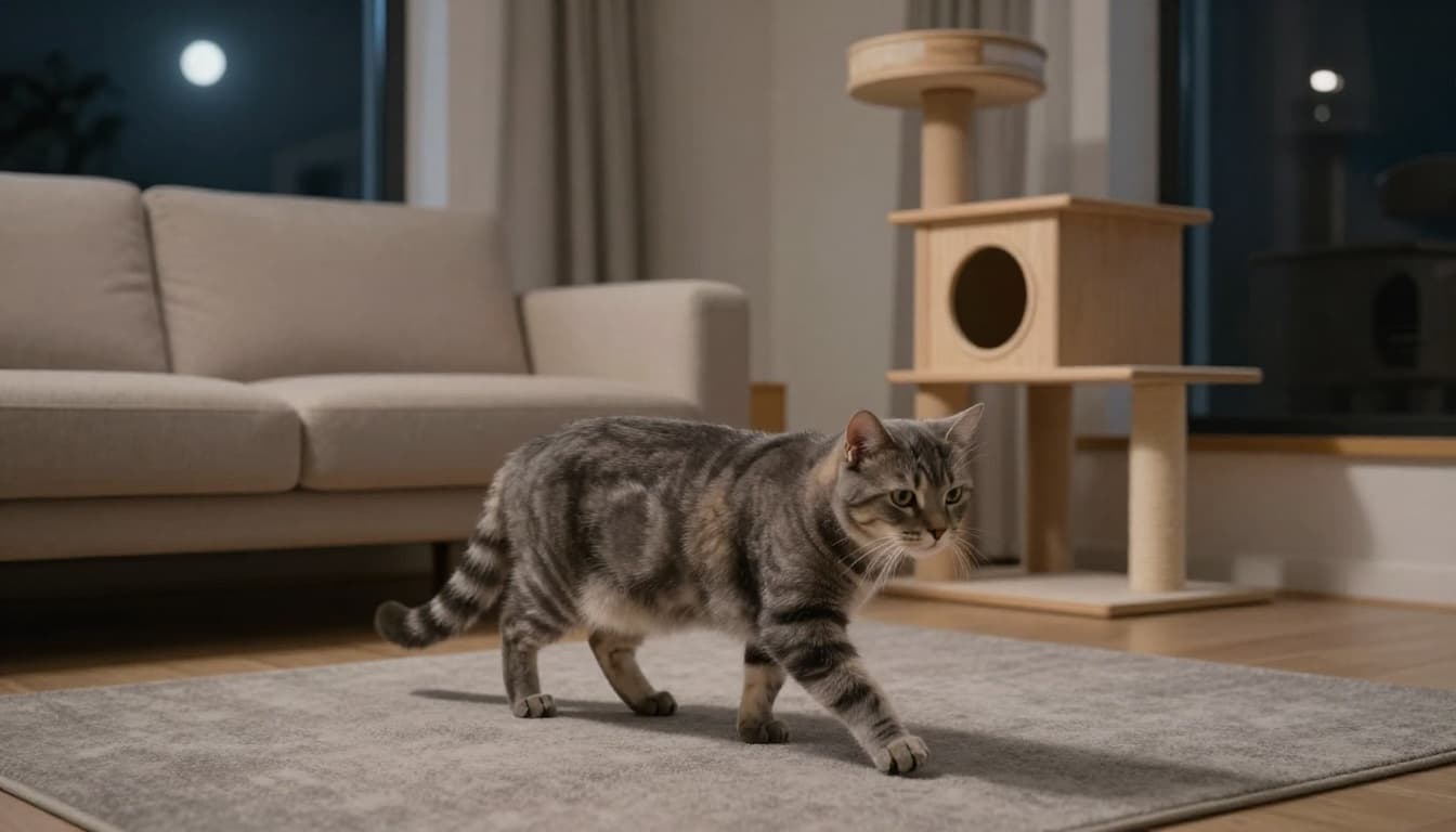 A senior gray tabby cat with a confused expression wanders unsteadily at night in a modern minimalist Scandinavian living room, pausing near a stylish cat tree under soft dim lamp light.