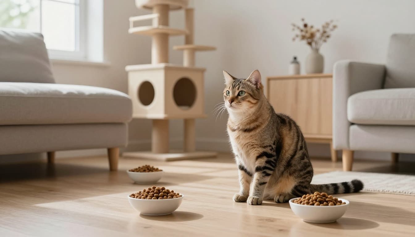 A calm adult cat sits near several small bowls of measured kibble on the light wood floor in a bright, minimalist Scandinavian living room with neutral tones and a stylish cat tree by the window.