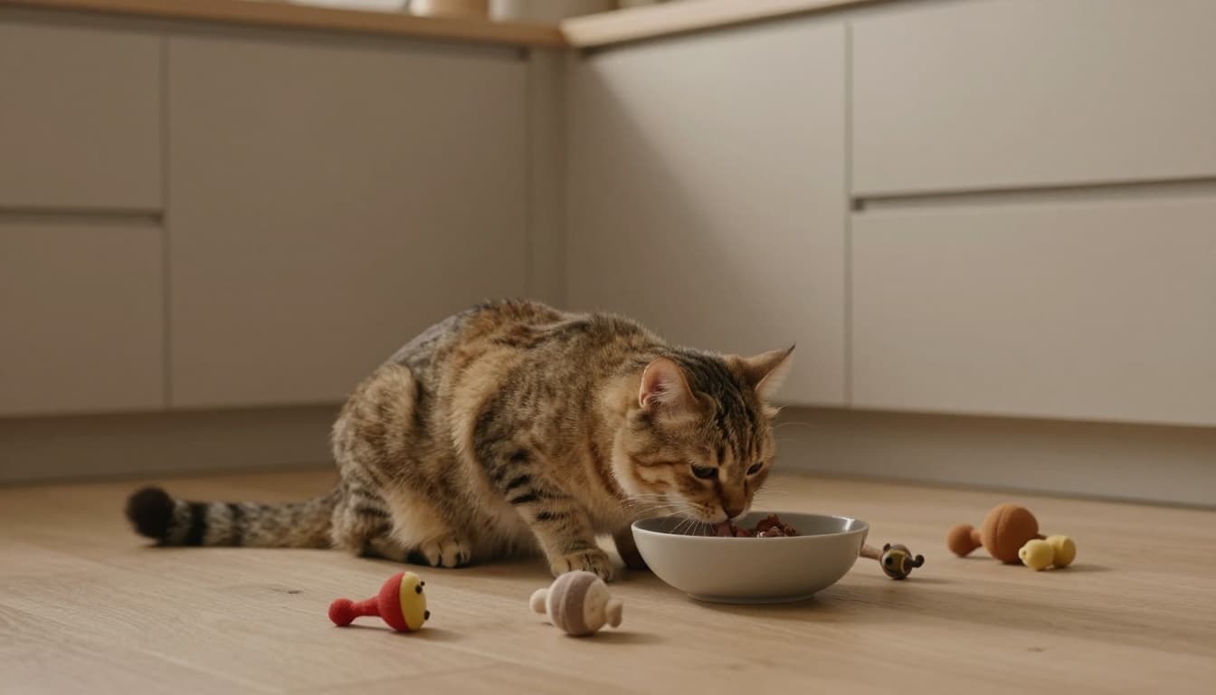 A contented cat eats from a bowl after playtime in a modern Scandinavian kitchen bathed in evening light, surrounded by toys on a light wood floor with neutral cabinets and beige tones, capturing a relaxed, cozy premium lifestyle mood.