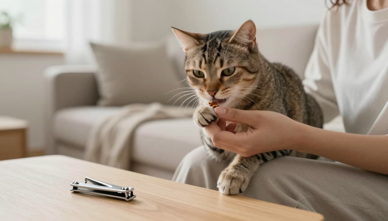 A contented cat enjoys a treat from a person's gentle hand right after a paw check, sitting on a lap in a bright minimalist Scandinavian living room with natural light and nail clipper nearby.