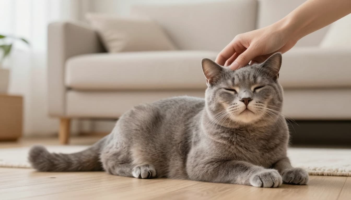 A soft grey domestic cat relaxes happily on a minimalist beige sofa in a bright Scandinavian living room, purring contentedly as a human hand gently pets its head, chin, and tail base.