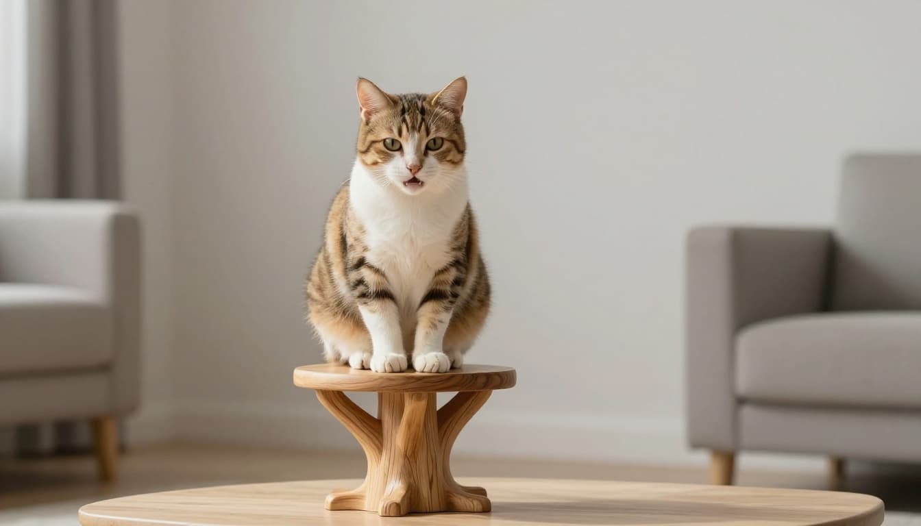 A domestic cat sits on an elegant wooden cat tree in a bright Scandinavian living room with beige tones, light wood, and soft grays, appearing to cough slightly with stretched neck and alert gaze. Abundant natural light creates a warm, cozy, minimalist atmosphere in premium realistic lifestyle photography.