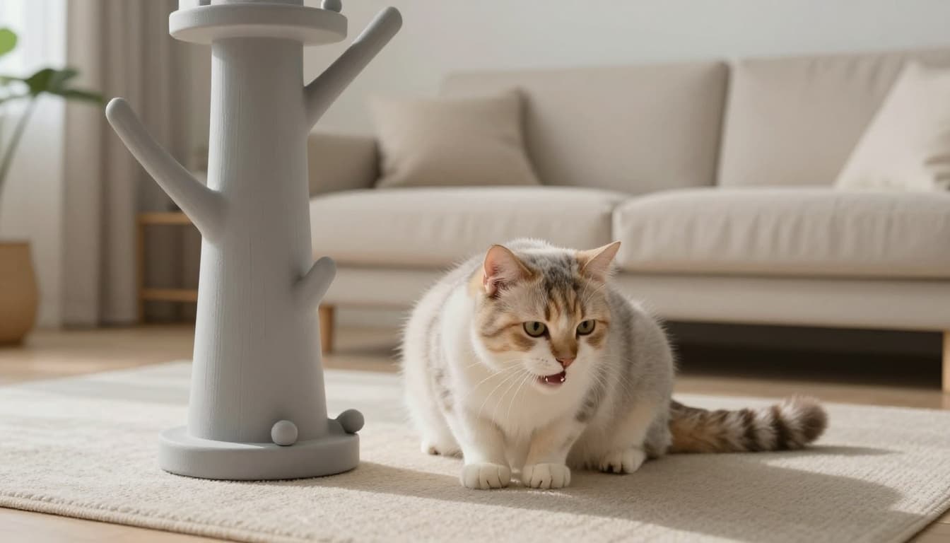 A domestic cat in a modern Scandinavian living room, positioned on the floor near a stylish cat tree, coughing with neck extended and focused expression amid neutral tones and natural light.