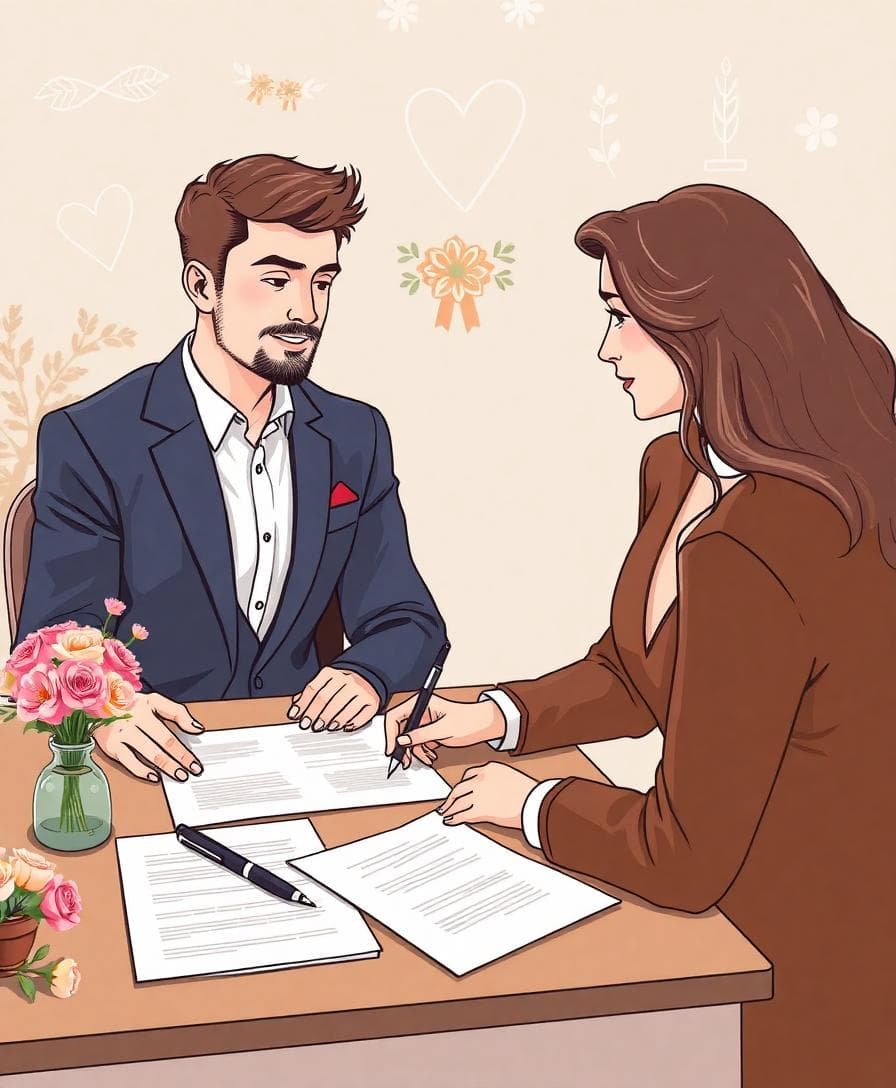 Couple et notaire discutant de clauses matrimoniales dans une ambiance sereine