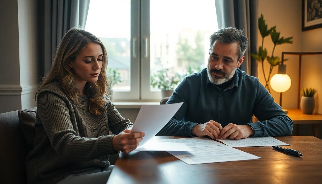 Couple examinant un contrat chez eux, ambiance du soir chaleureuse