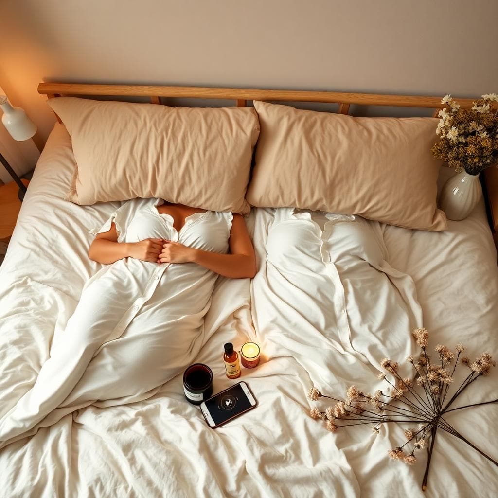 Kit bien-être à deux, peignoirs, huiles et bougies dans une chambre bohème, ambiance douce et relaxante