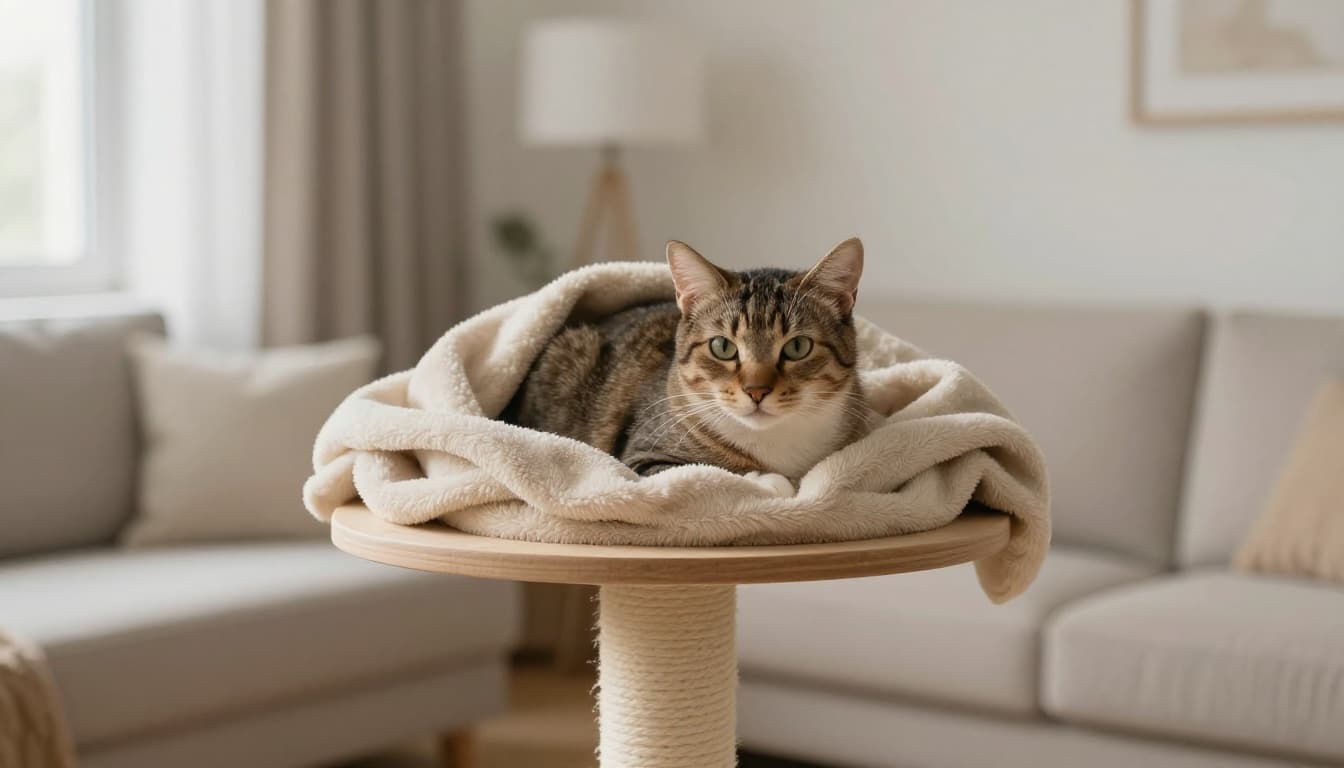 An adult cat curls up warmly on a premium light wood cat tree perch wrapped in a soft beige blanket in a bright minimalist Scandinavian living room.