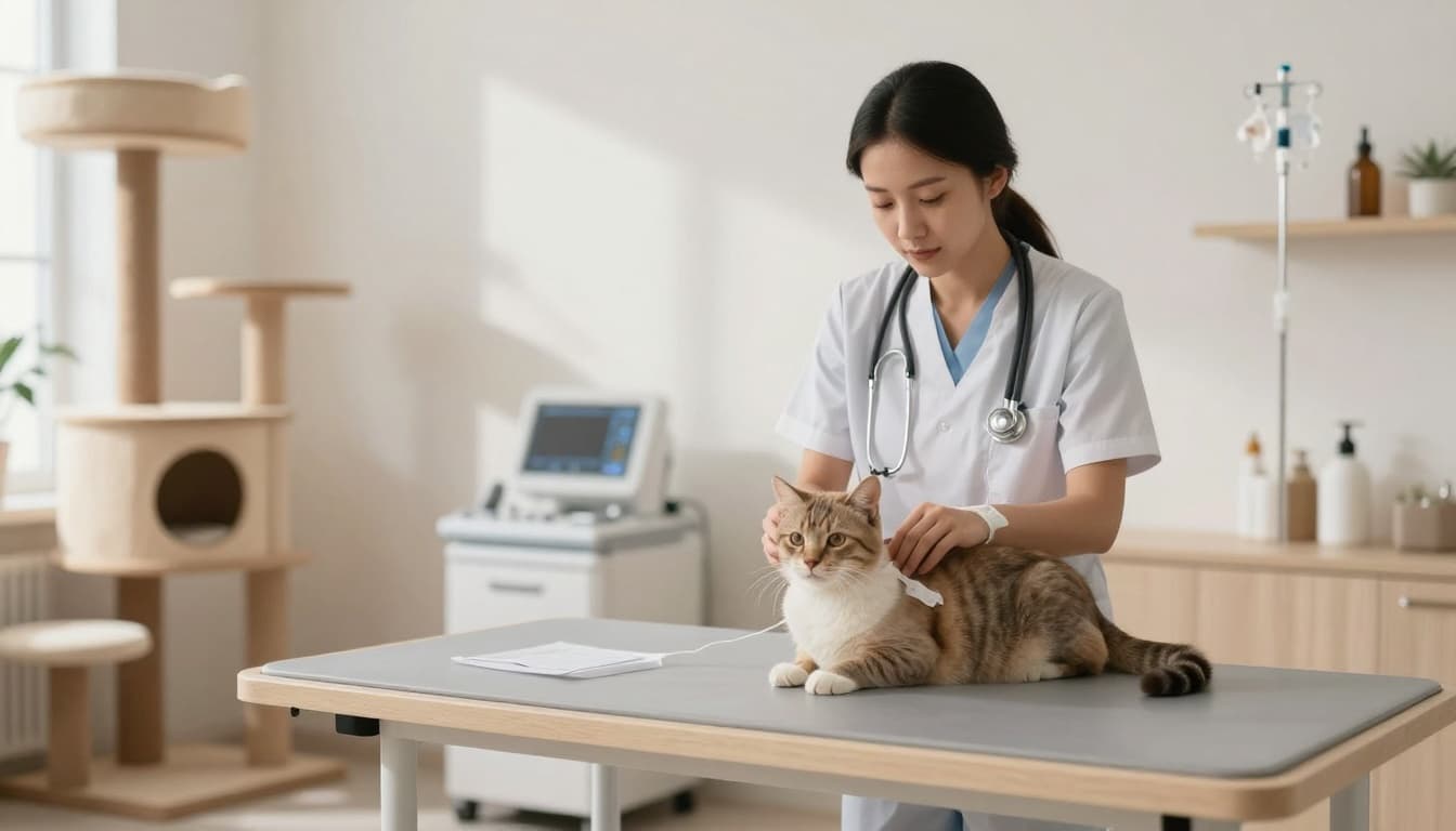 A serene veterinary scene in a premium lifestyle photography style features a calm cat receiving IV fluids on a comfortable table in a bright, minimalist Scandinavian vet clinic with neutral colors and warm atmosphere. A vet gently monitors in the softly blurred background, with modern equipment and a stable wooden cat tree in the corner.