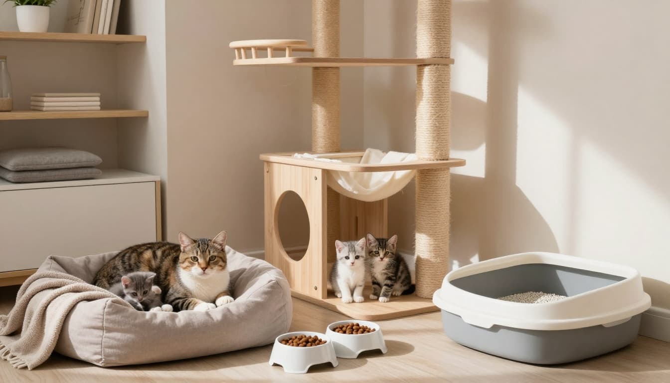 A cozy, well-organized maternity corner for a mother cat and her young kittens in a sunlit modern Scandinavian living room, featuring a padded nest, food and water bowls, litter box, and cat tree.