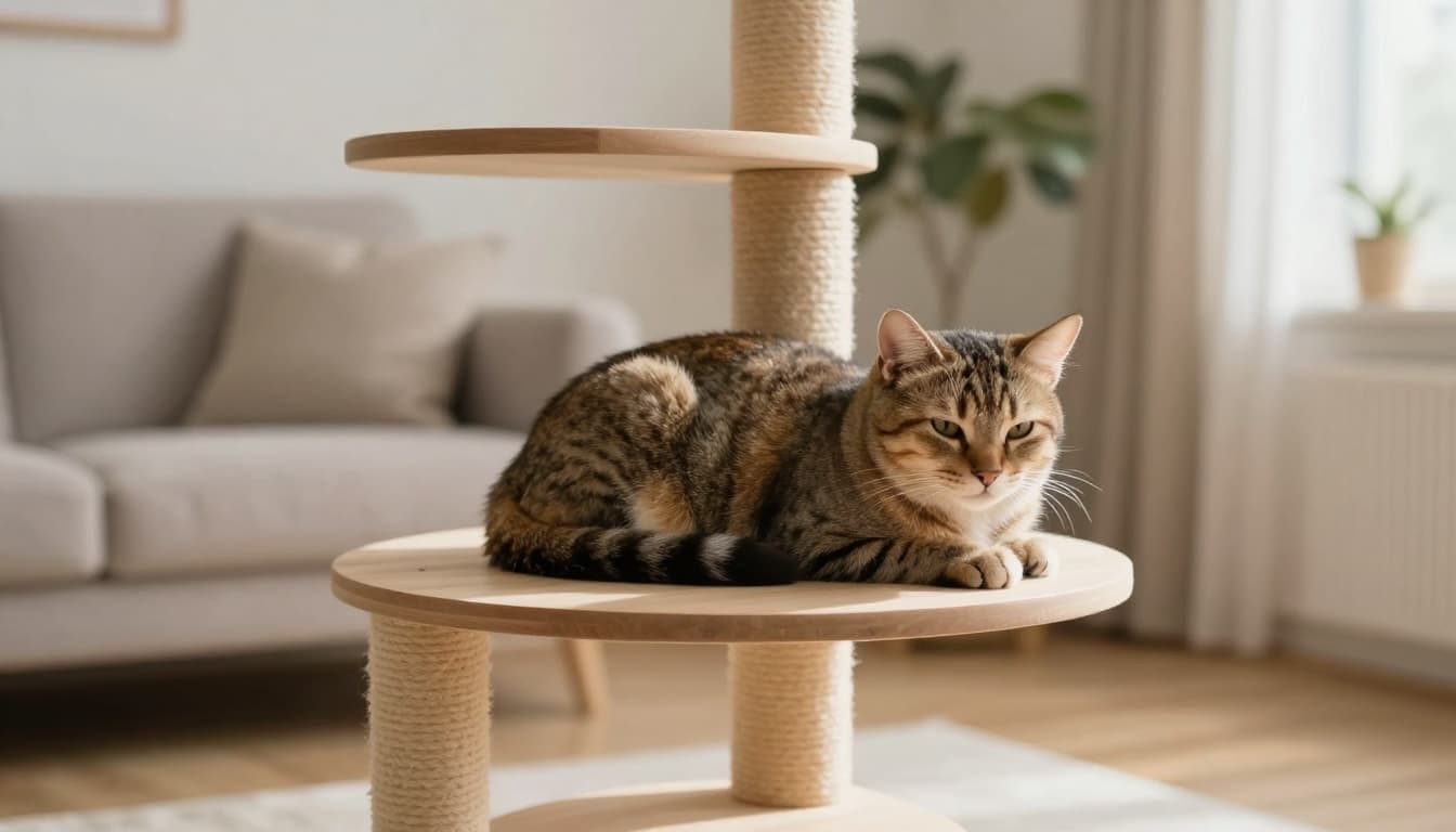 An adult female cat curled up comfortably resting on a high-quality light wood cat tree in a serene Scandinavian-style living room with minimalist beige decor and natural light.