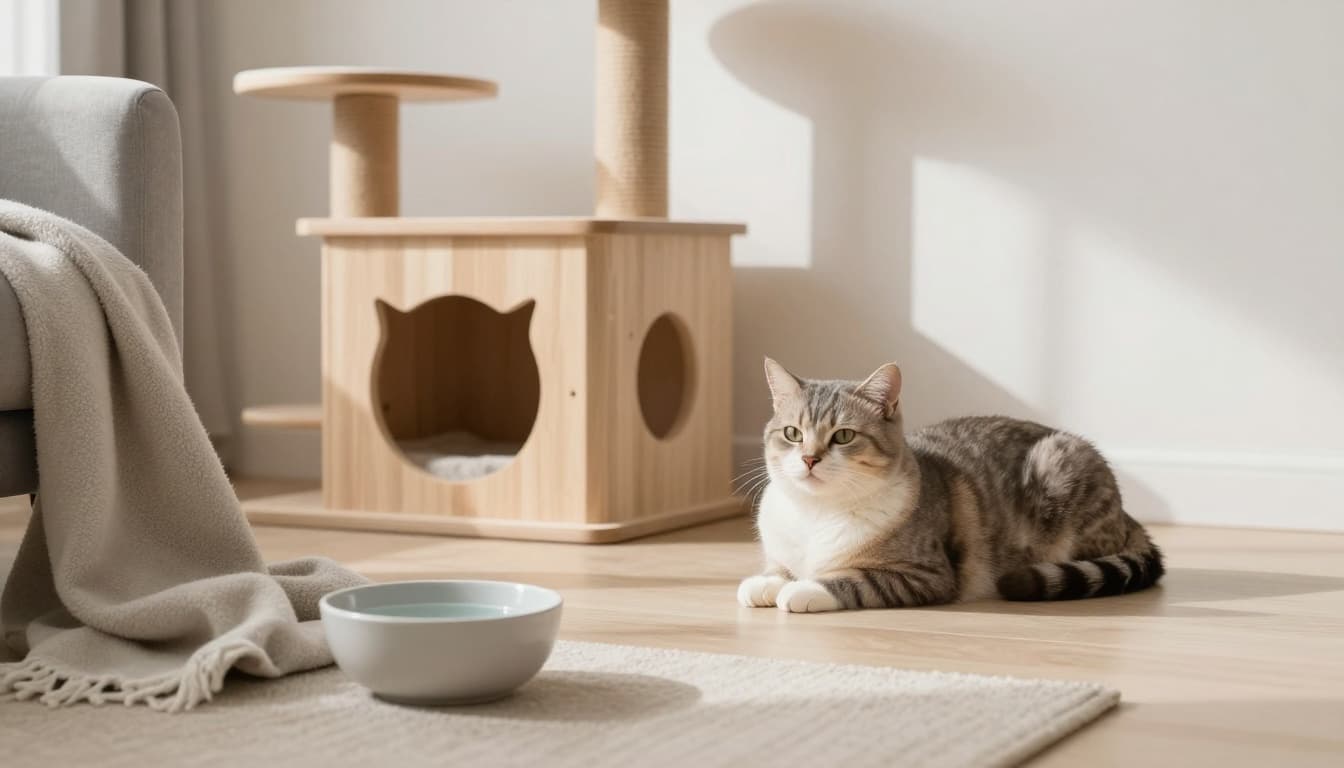 A calm cat rests comfortably on a premium light wood cat tree in a bright, minimalist Scandinavian living room with neutral colors, natural light, and cozy elements like a soft blanket and water bowl.