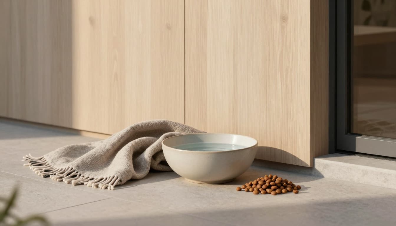 A welcoming outdoor arrangement for a cat near a modern Scandinavian house entrance, with a worn blanket, ceramic water bowl, and cat food in soft evening light.