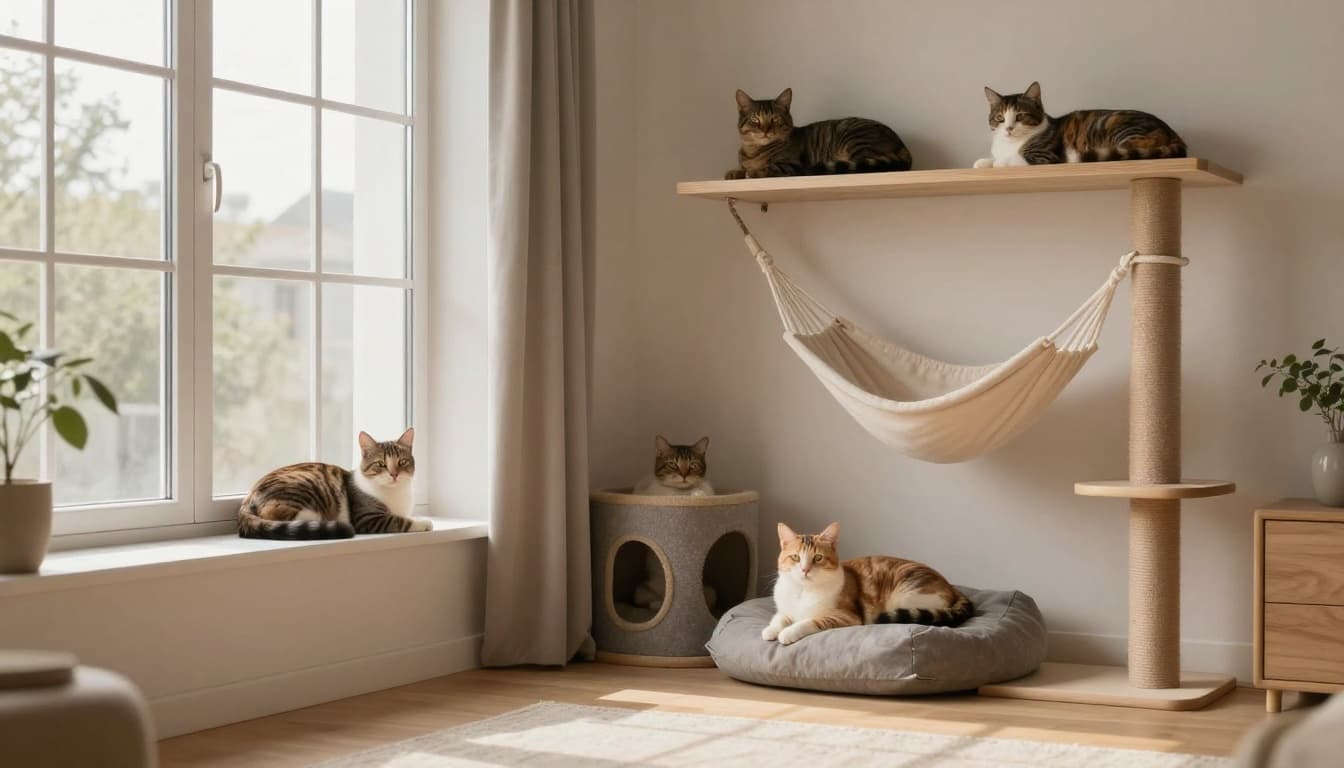 Modern minimalist Scandinavian living room in soft evening light with relaxed cats lounging on windowsills, cushions, cat trees, shelves, and niches for a warm, secure atmosphere.