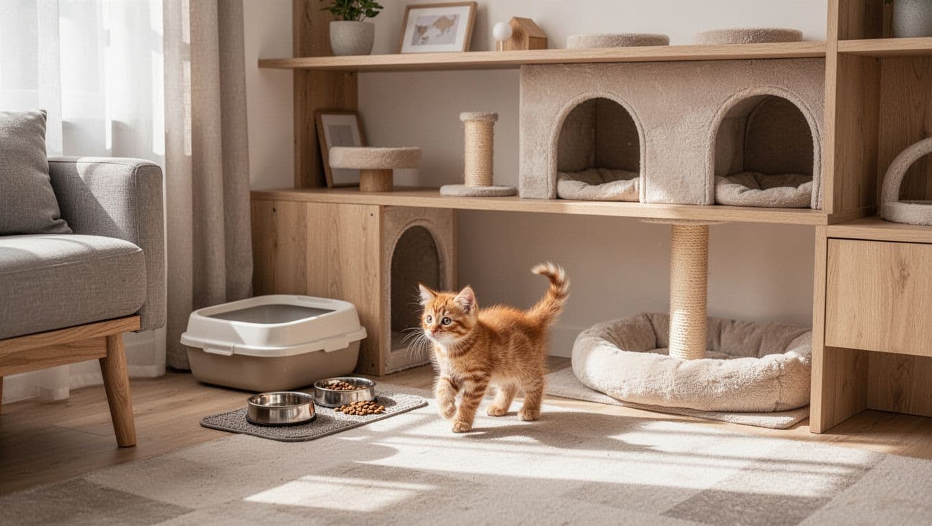 Premium lifestyle photo of a minimalist Scandinavian living room with a dedicated cozy space for a single playful ginger kitten, including litter box, water bowl, food dish, soft bed, scratching post, and hiding spots under shelves.