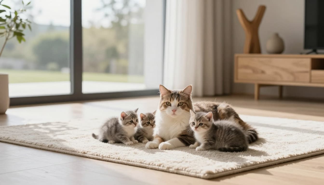 A mother cat rests calmly on a soft rug with her newborn kittens nestled against her in a modern Scandinavian living room bathed in natural light. The minimalist decor features light wood furniture, neutral tones, and an elegant cat tree in the background.