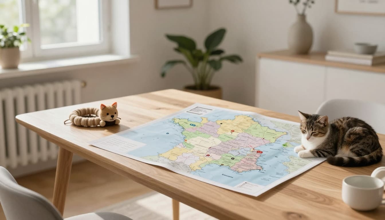 A cozy corner in a Scandinavian-style apartment shows a map of France on a light wood table with regional markers, surrounded by cat toys and a sleeping cat nearby. Bright natural light bathes the minimalist decor in beige tones and soft grey accents.