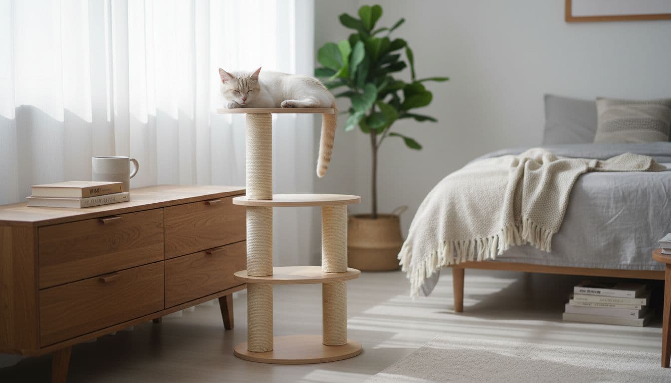 Premium lifestyle photo of a cozy Scandinavian bedroom corner with minimalist light wood decor, featuring a designer cat tree where a cat lounges next to a wooden dresser.