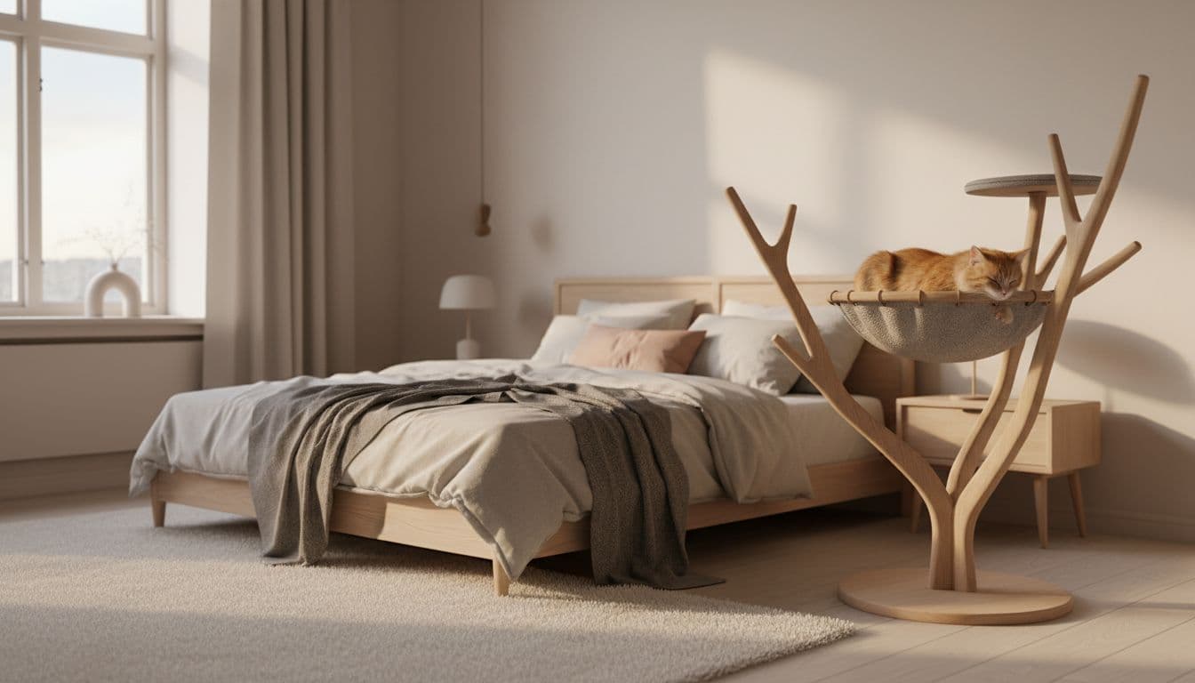 Premium lifestyle photo of a cozy Scandinavian bedroom with soft evening light and minimalist decor. A cat sleeps peacefully on a stable designer cat tree in the corner, creating a tranquil rest area.