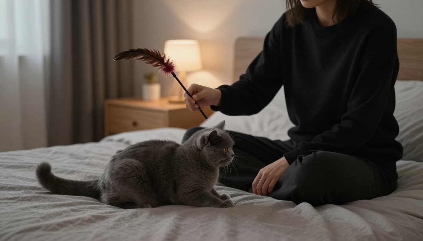 Premium lifestyle photography capturing a modern Scandinavian bedroom at evening with soft warm lighting, where a person sits on the bed engaging a playful gray cat with a feather toy wand in a gentle hunting game.