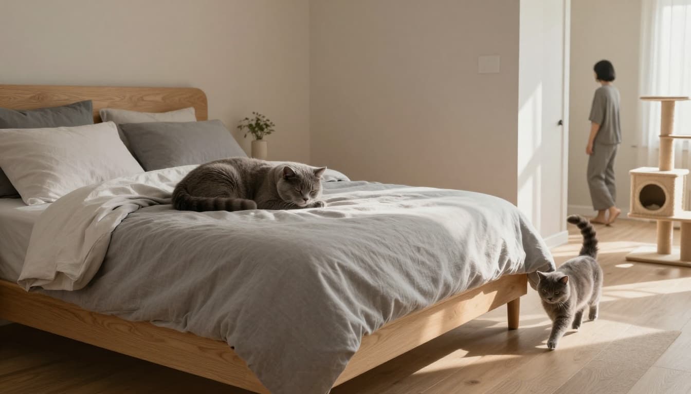 A relaxed grey cat curls up sleeping near a person's pillow on a light wood bed in a modern Scandinavian bedroom bathed in soft morning light. The scene also captures the cat following the person down a beige-walled hallway with wooden floors and a premium cat tree in the corner.