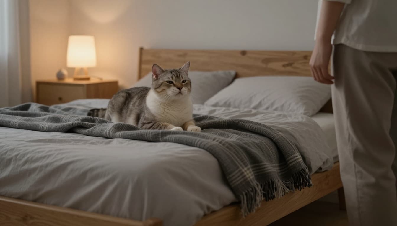 Evening scene in a cozy Scandinavian bedroom with soft warm lamp light, featuring a relaxed cat lounging on a grey plaid blanket on the bed, gazing calmly.