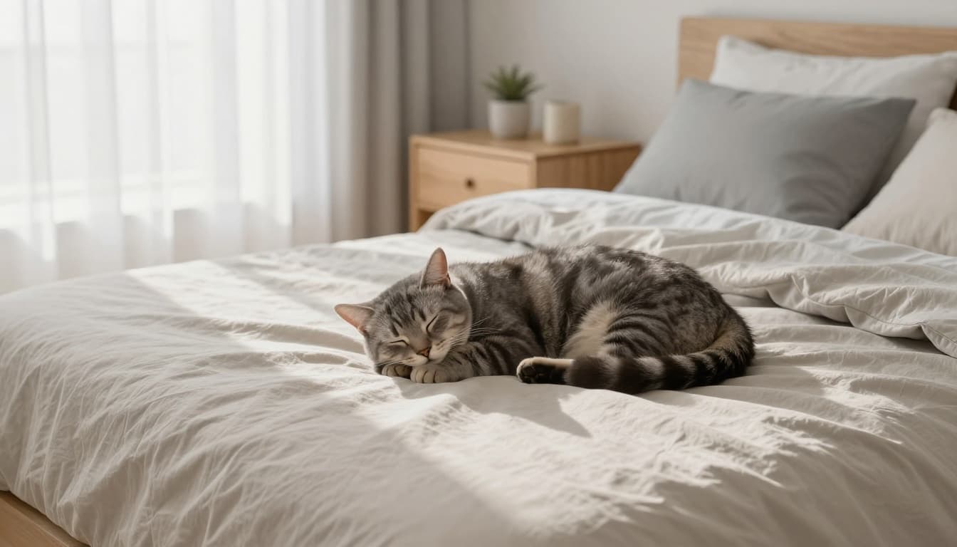A cozy modern Scandinavian bedroom filled with bright morning light through sheer curtains, where a relaxed gray tabby cat sleeps peacefully next to a person on a light beige duvet-covered bed. Minimalist decor includes light wood nightstands and soft gray pillows, evoking warmth and comfort.