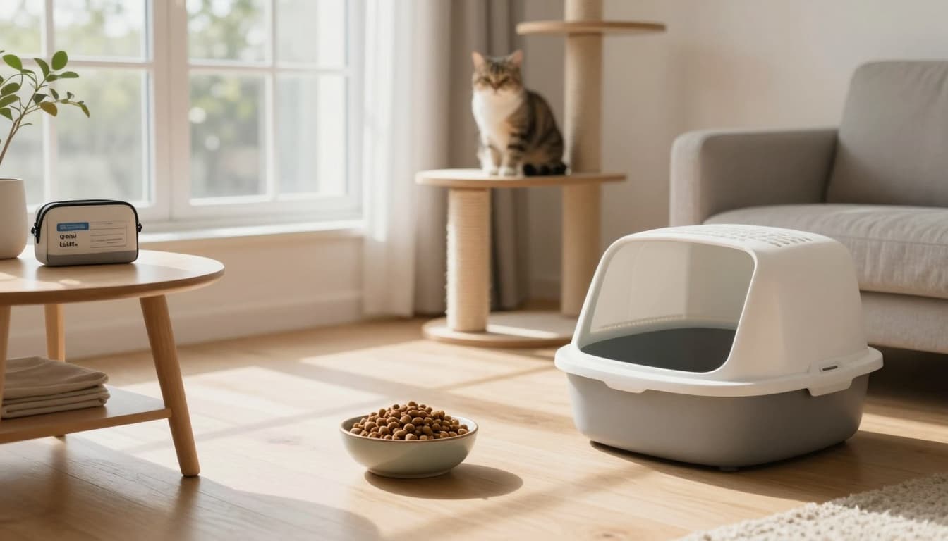 Premium lifestyle photo of a minimalist Scandinavian living room with soft natural light, featuring essential cat care items: ceramic food bowl, litter box, vet kit, and an elegant cat on a wooden cat tree.