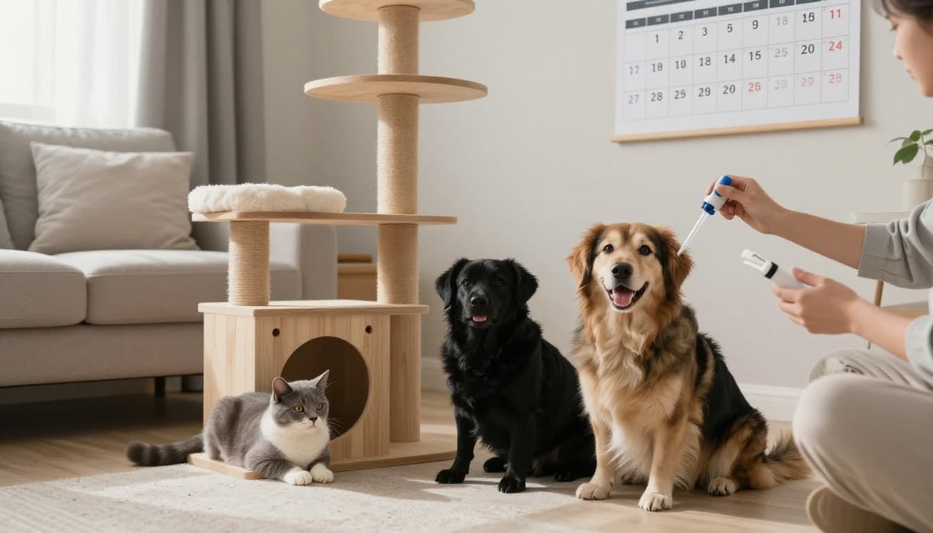 In a cozy Scandinavian living room with minimalist beige and light wood decor, a person applies pipettes to a calm cat and friendly dog near a wooden cat tree, with a calendar showing synchronized treatment dates, creating a relaxed family pet care atmosphere.