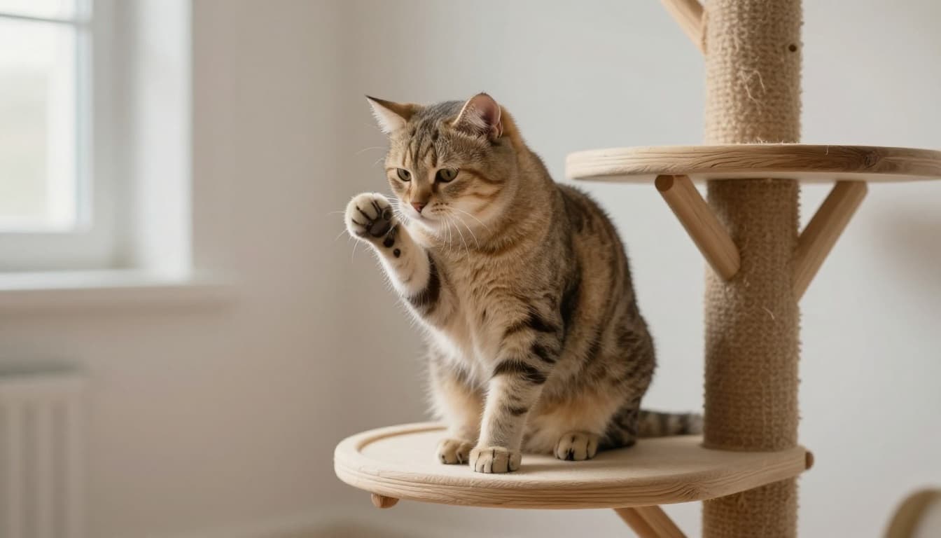 A cat discreetly scratches its ear on a stylish cat tree perch in a cozy Scandinavian room with natural light, beige tones, and light wood, creating a warm minimalist atmosphere. Premium realistic lifestyle photography focuses on the subtle scratching movement with depth of field.