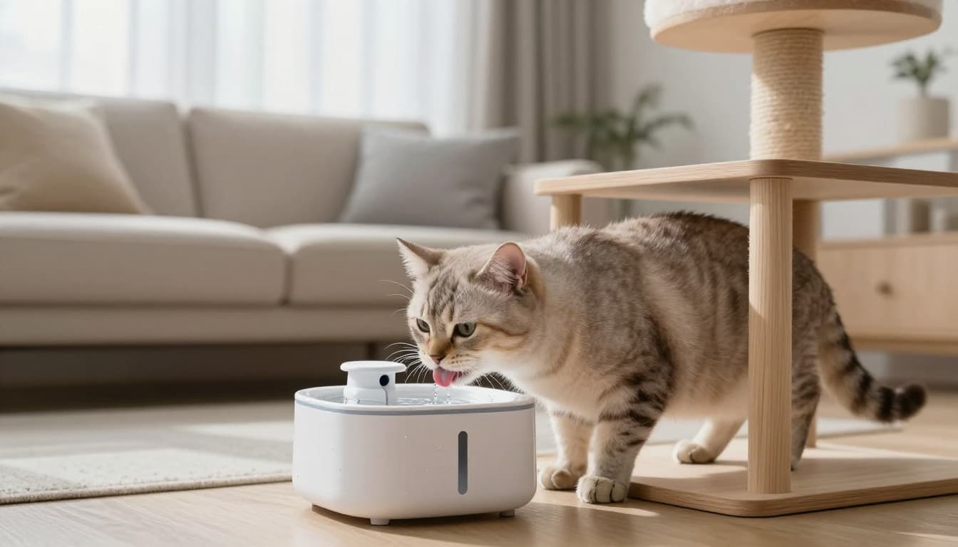 In a cozy Scandinavian living room with minimalist light wood decor and soft lighting, an elegant short-haired cat laps water from a sleek modern cat water fountain beside a stylish wooden cat tree.
