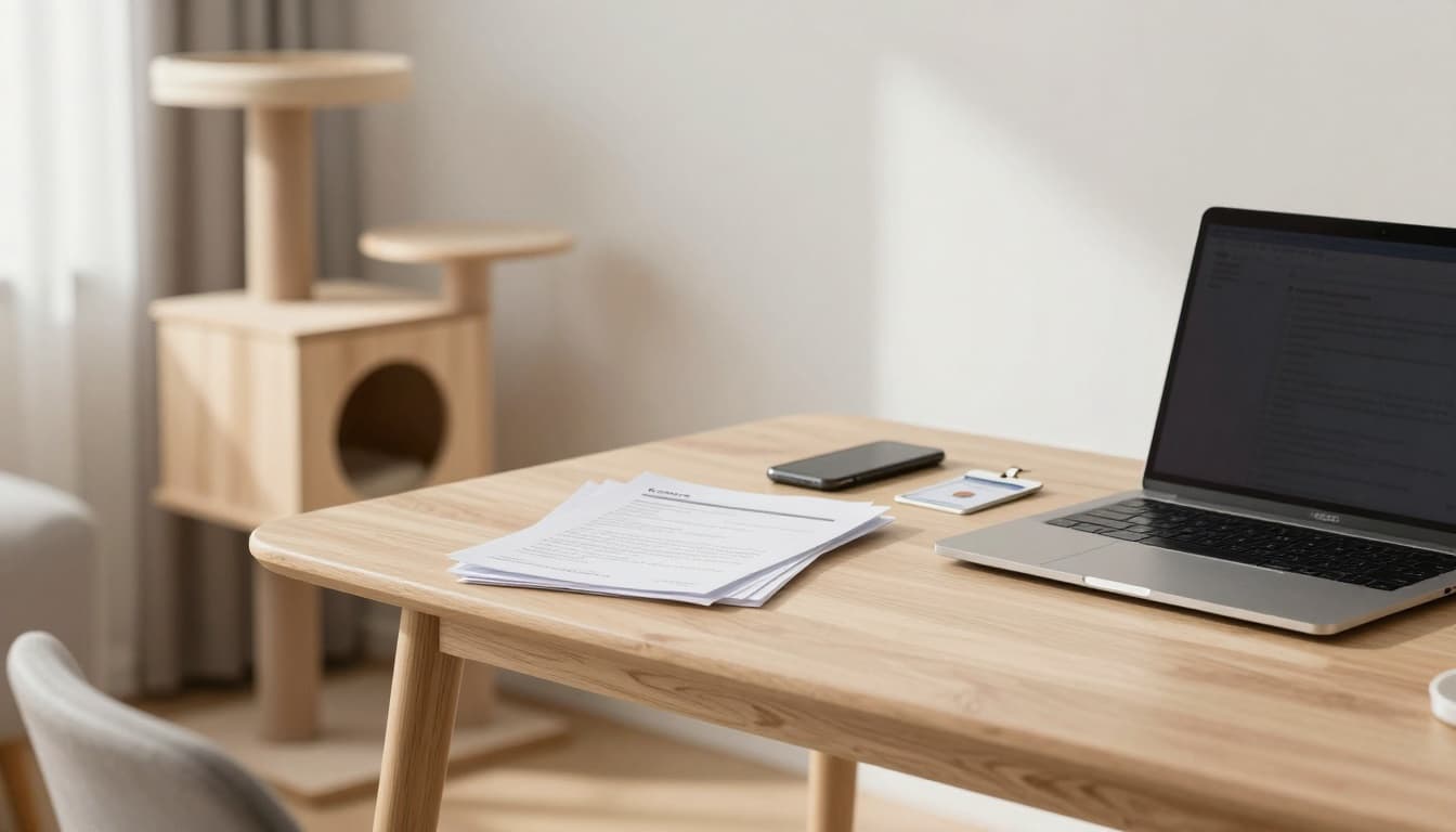 Bright minimalist Scandinavian home office in a living room with natural light, light wood furniture, neutral colors, and a premium cat tree in the corner. Desk features organized papers, phone, ID card, and angled laptop suggesting admin tasks in a calm, elegant atmosphere.