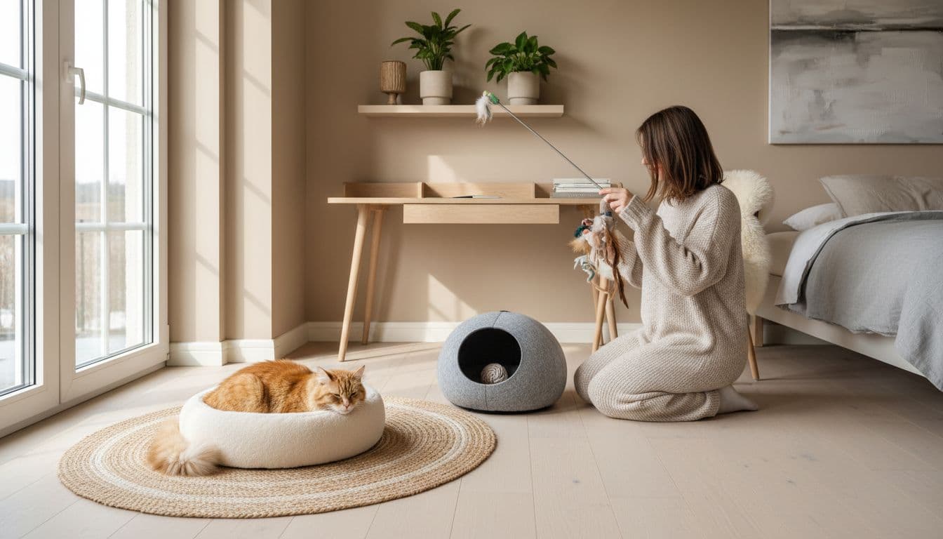 Serene modern Scandinavian home office corner bathed in natural light, featuring a relaxed cat on its bed while the owner prepares playtime with toys nearby, emphasizing calm routine and warm hospitality.