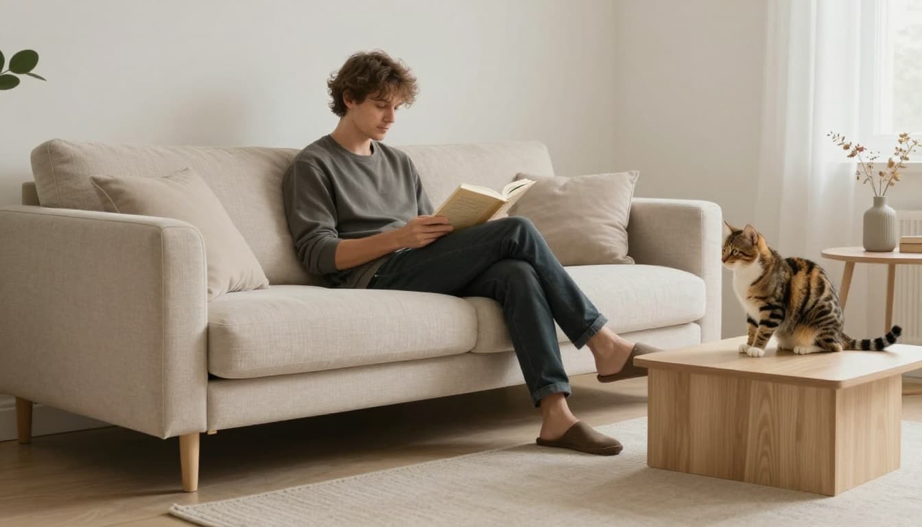 In a bright minimalist Scandinavian interior with soft natural light and neutral tones, an owner relaxes on a comfortable sofa reading a book while their confident tabby cat watches attentively from a nearby low table, poised for play or cuddles.
