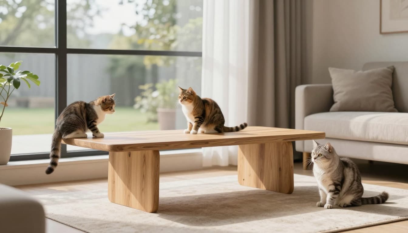 Bright modern Scandinavian living room with natural light, minimalist light wood furniture, and three cats—a playful kitten, relaxed adult, and peaceful senior—near an elegant cat tree.