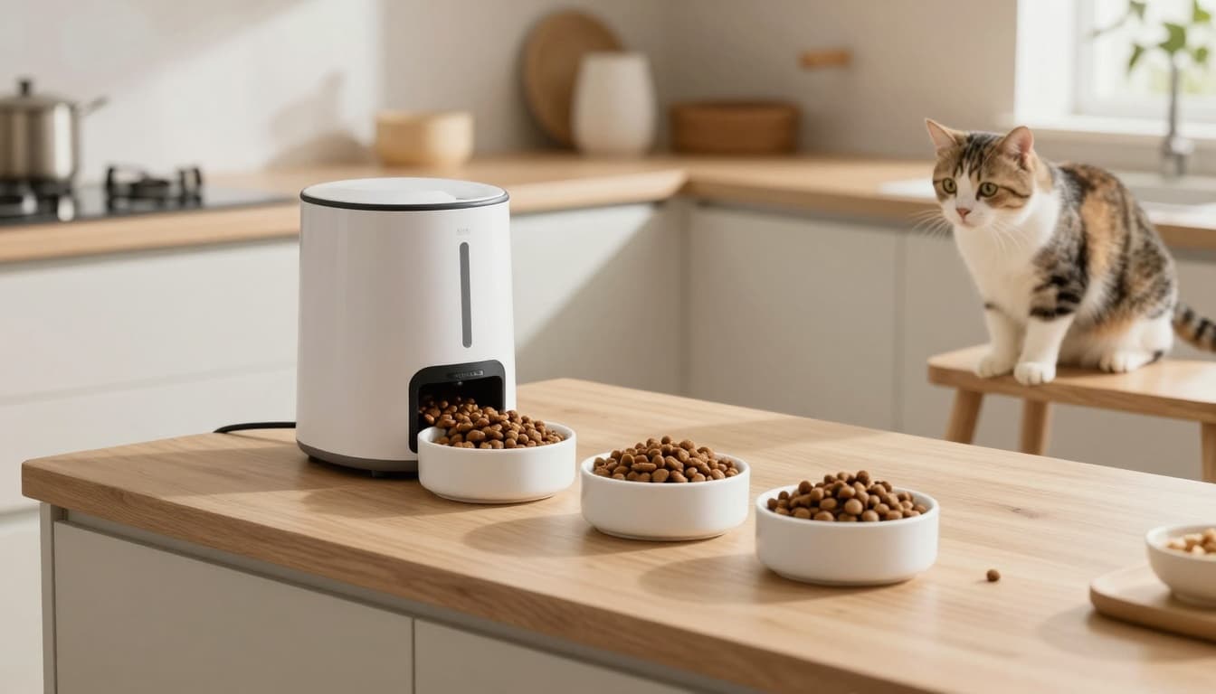 Cozy Scandinavian kitchen with warm natural light and minimalist setup, featuring a digital food distributor dispensing dry cat kibble into three white bowls on light wood counters. An elegant cat watches curiously from a wooden perch.