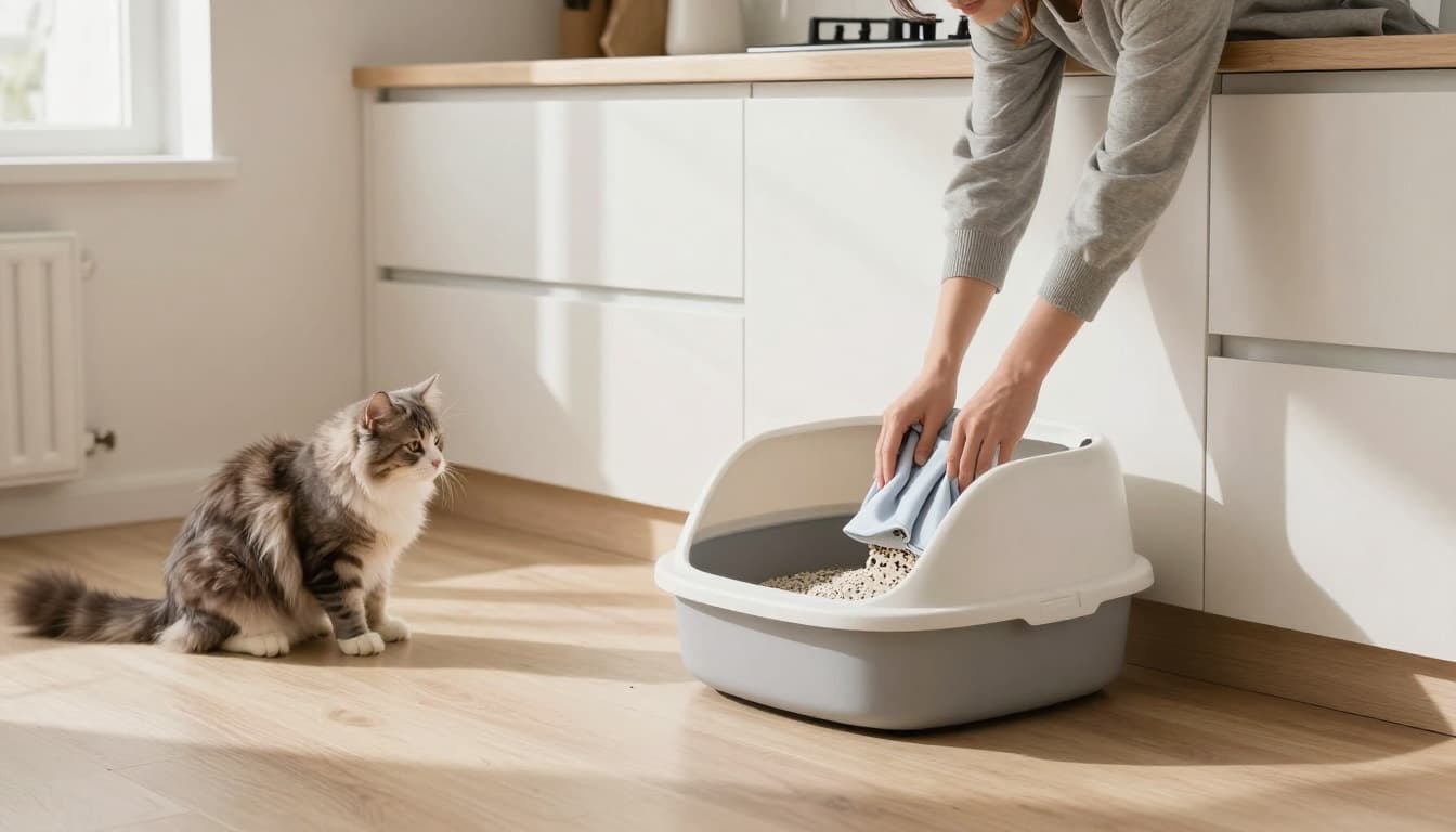 In a bright, minimalist Scandinavian kitchen with natural light and neutral tones, a caring owner scoops litter from a cat litter box while a fluffy cat watches curiously from the floor nearby. The realistic photo emphasizes a clean, hygienic pet care routine in a warm atmosphere.